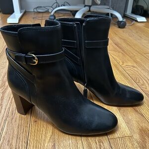 Cole Haan Black Heeled Boots with Gold Buckle